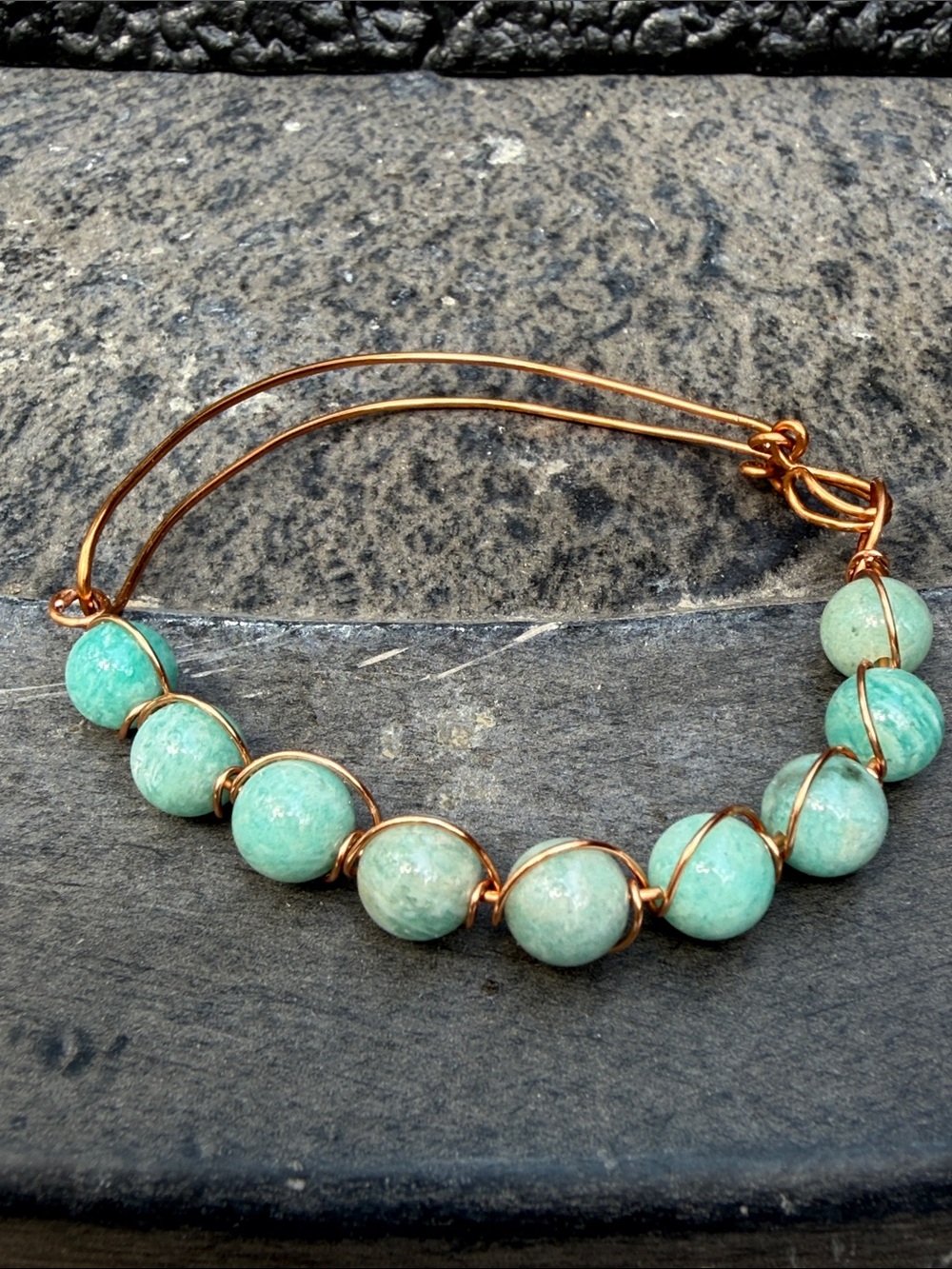 Artisan Amazonite Gemstone Bead Copper Wire Wrapped Bracelet Bangle Blue Green